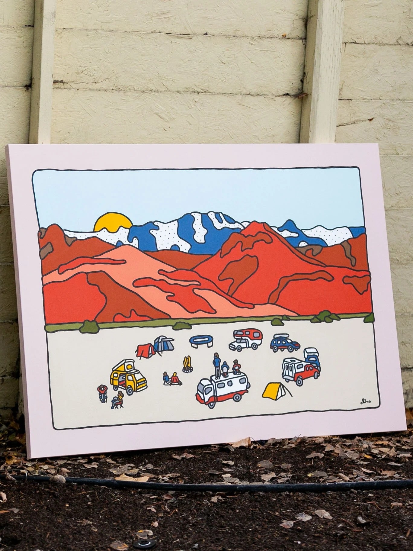 Alvord Desert, 2020 — Acrylic on canvas, 30 × 40 in. — original acrylic painting, bold colorful painting, acrylic on canvas by Alimo, post-pop surf artist Brooklyn NY