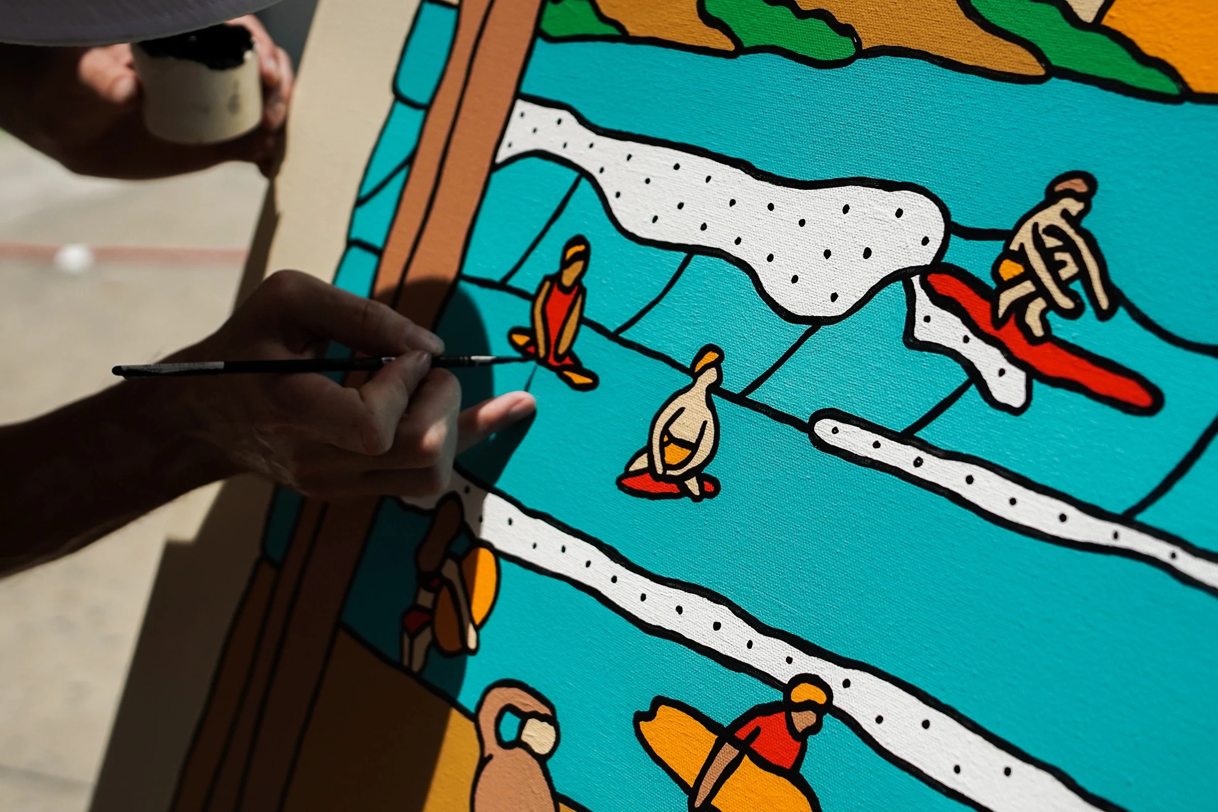 Swell Days, 2022 — Acrylic on canvas, 36 × 48 in. — Art Camp Residency hosted by Lucas Beaufort, Palms Beach Hotel, Jacksonville, FL — surf art, surf lifestyle art, ocean wall art, original acrylic painting, bold colorful painting, acrylic on canvas by Alimo, post-pop surf artist Brooklyn NY — image 3 of 3