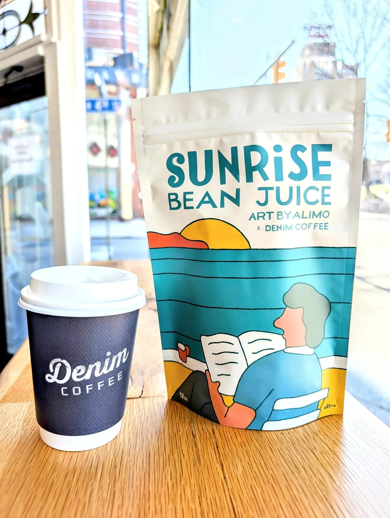 Alimo x Denim Coffee, 2025 — Sunrise Bean Juice — surf lifestyle brand art, art collaboration by Alimo, post-pop surf artist Brooklyn NY — image 2 of 2