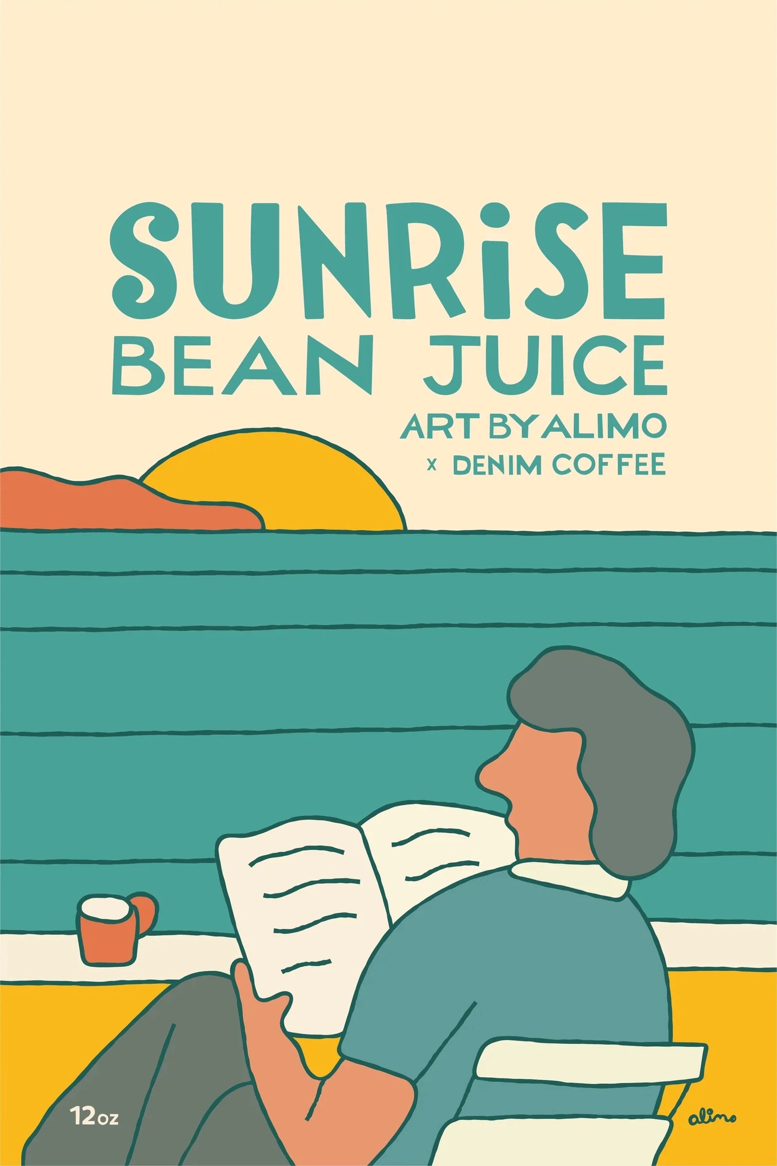 Alimo x Denim Coffee, 2025 — Sunrise Bean Juice — surf lifestyle brand art, art collaboration by Alimo, post-pop surf artist Brooklyn NY — image 1 of 2