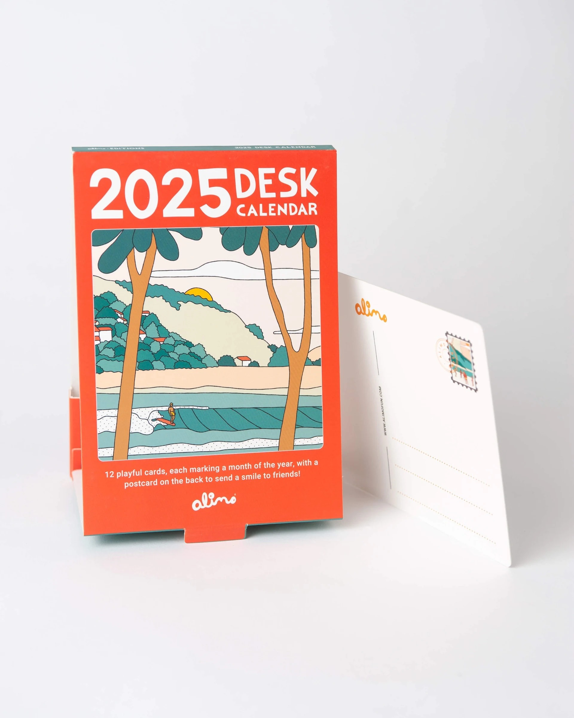 Alimo Desk Calendar, 2025 — Set of 12 cards, 4 × 6 in. — contemporary art, post-pop art, colorful wall art by Alimo, post-pop surf artist Brooklyn NY — image 1 of 6