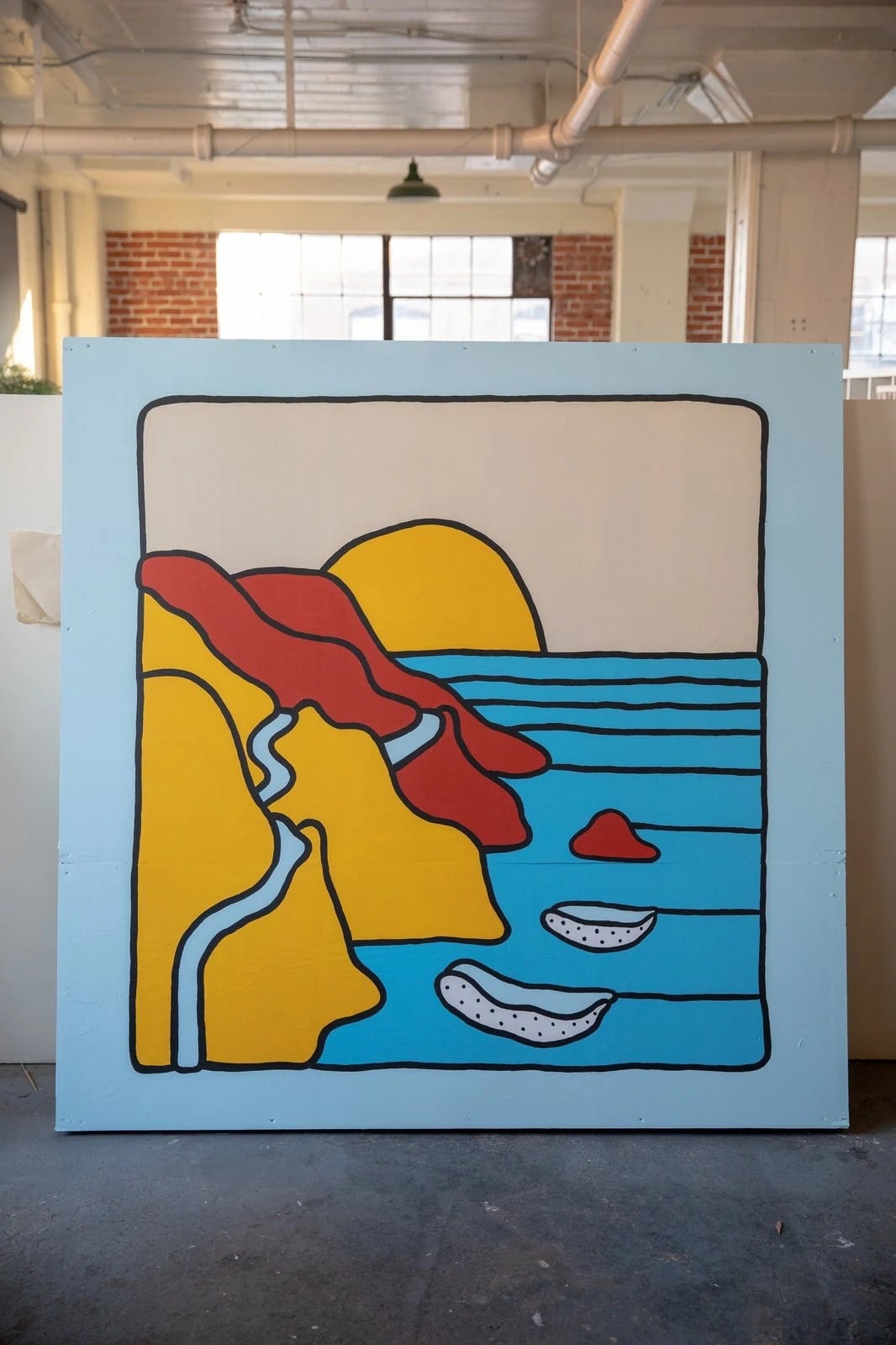 Hygge, 2018 — 6x6 ft — West Coast Craft, San Francisco, CA — surf art, surf lifestyle art, ocean wall art, mural art, large scale painting by Alimo, post-pop surf artist Brooklyn NY — image 1 of 2