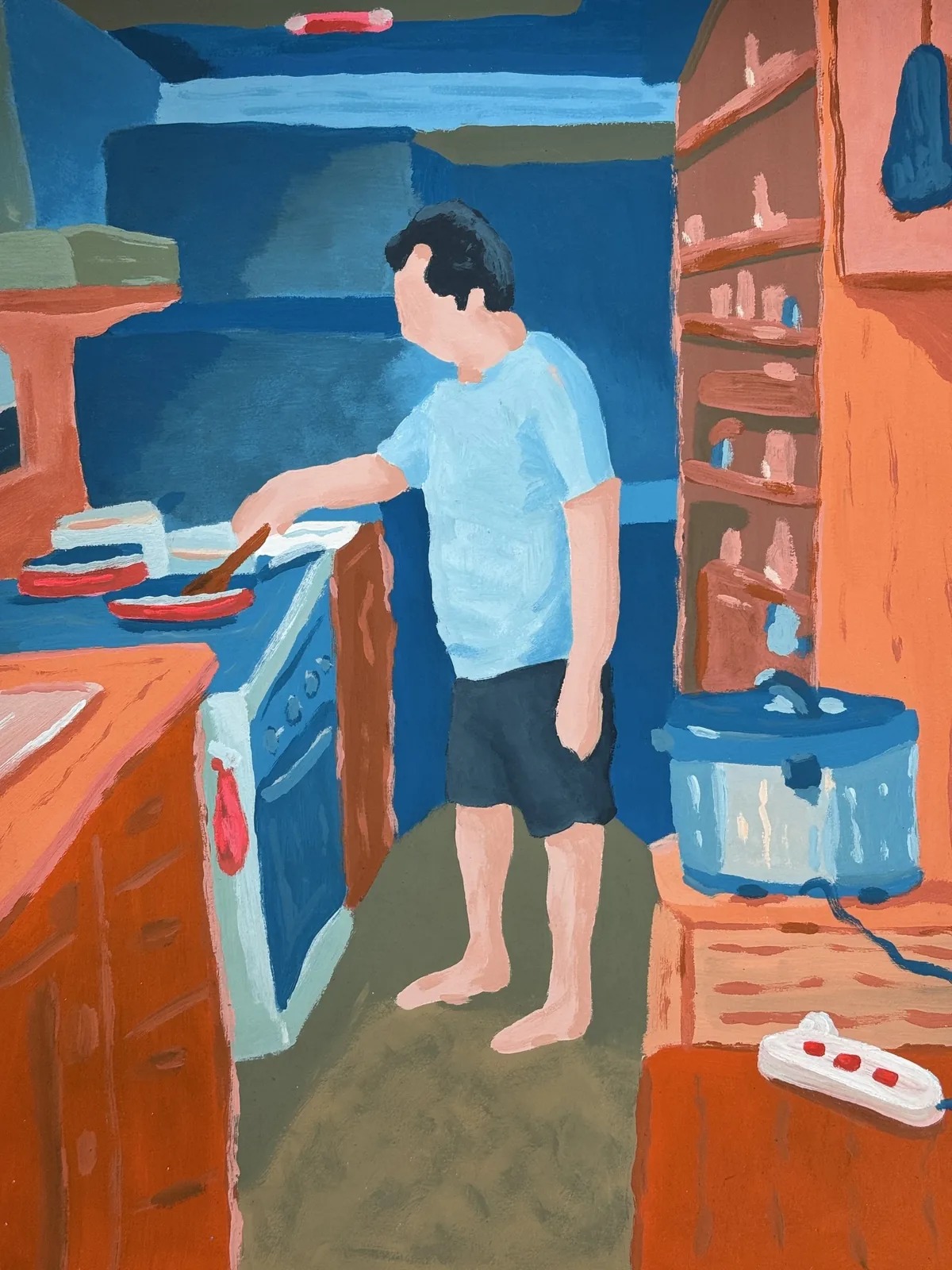 Surf Kitchen, 2025 — Acrylic gouache on paper, 14 × 17 in. — surf art, surf lifestyle art, ocean wall art, gouache illustration, art print, painting on paper by Alimo, post-pop surf artist Brooklyn NY