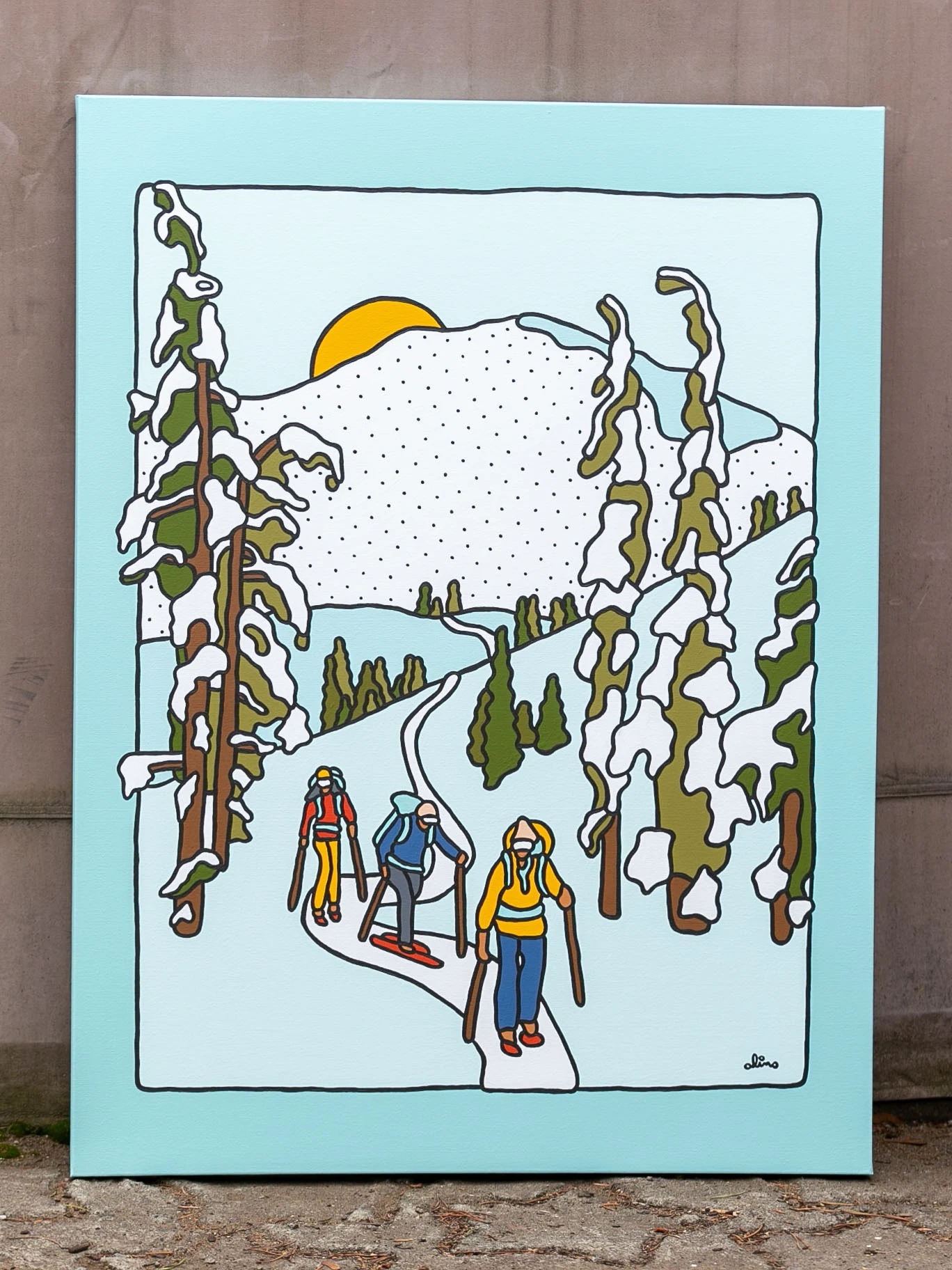 Earning Turns Mt. Bachelor, 2020 — Acrylic on canvas, 30 × 40 in. — original acrylic painting, bold colorful painting, acrylic on canvas by Alimo, post-pop surf artist Brooklyn NY