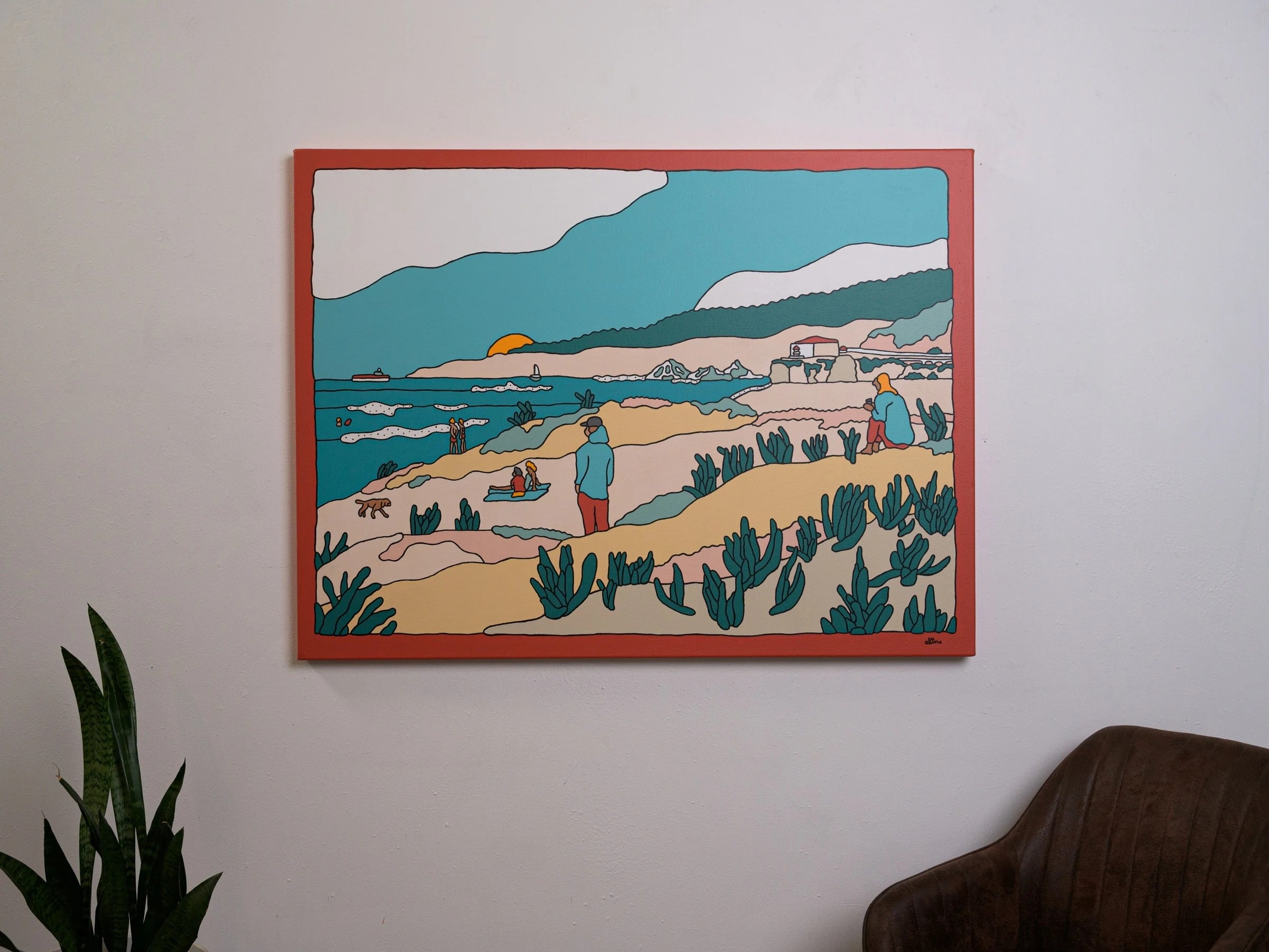 Sunset Sessions, 2024 — Acrylic on canvas, 36 × 48 in. — original acrylic painting, bold colorful painting, acrylic on canvas by Alimo, post-pop surf artist Brooklyn NY — image 2 of 2