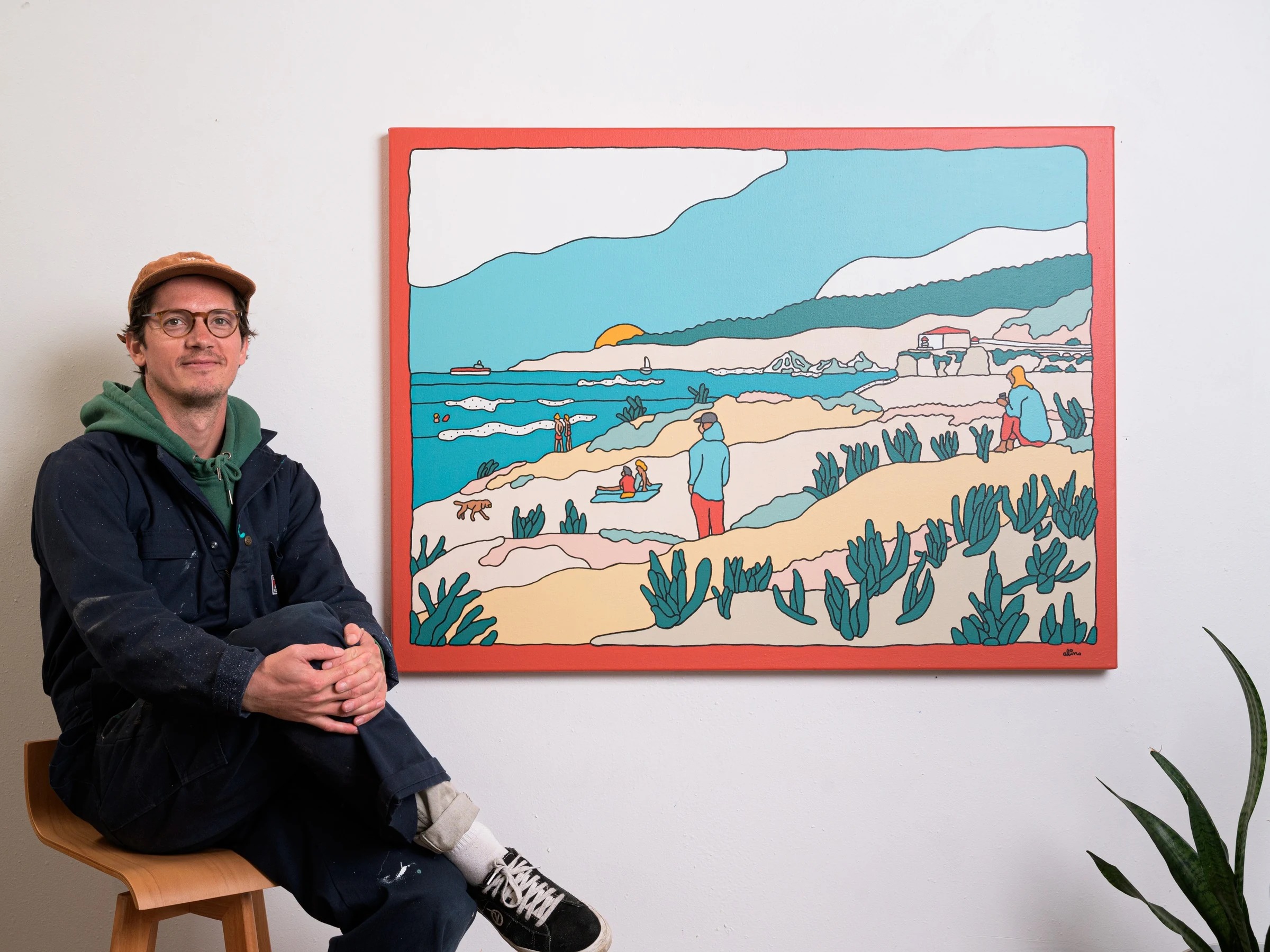 Sunset Sessions, 2024 — Acrylic on canvas, 36 × 48 in. — original acrylic painting, bold colorful painting, acrylic on canvas by Alimo, post-pop surf artist Brooklyn NY — image 1 of 2