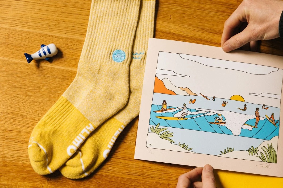 Alimo x Arvin Goods Socks, 2019 — surf lifestyle brand art, art collaboration by Alimo, post-pop surf artist Brooklyn NY — image 1 of 4