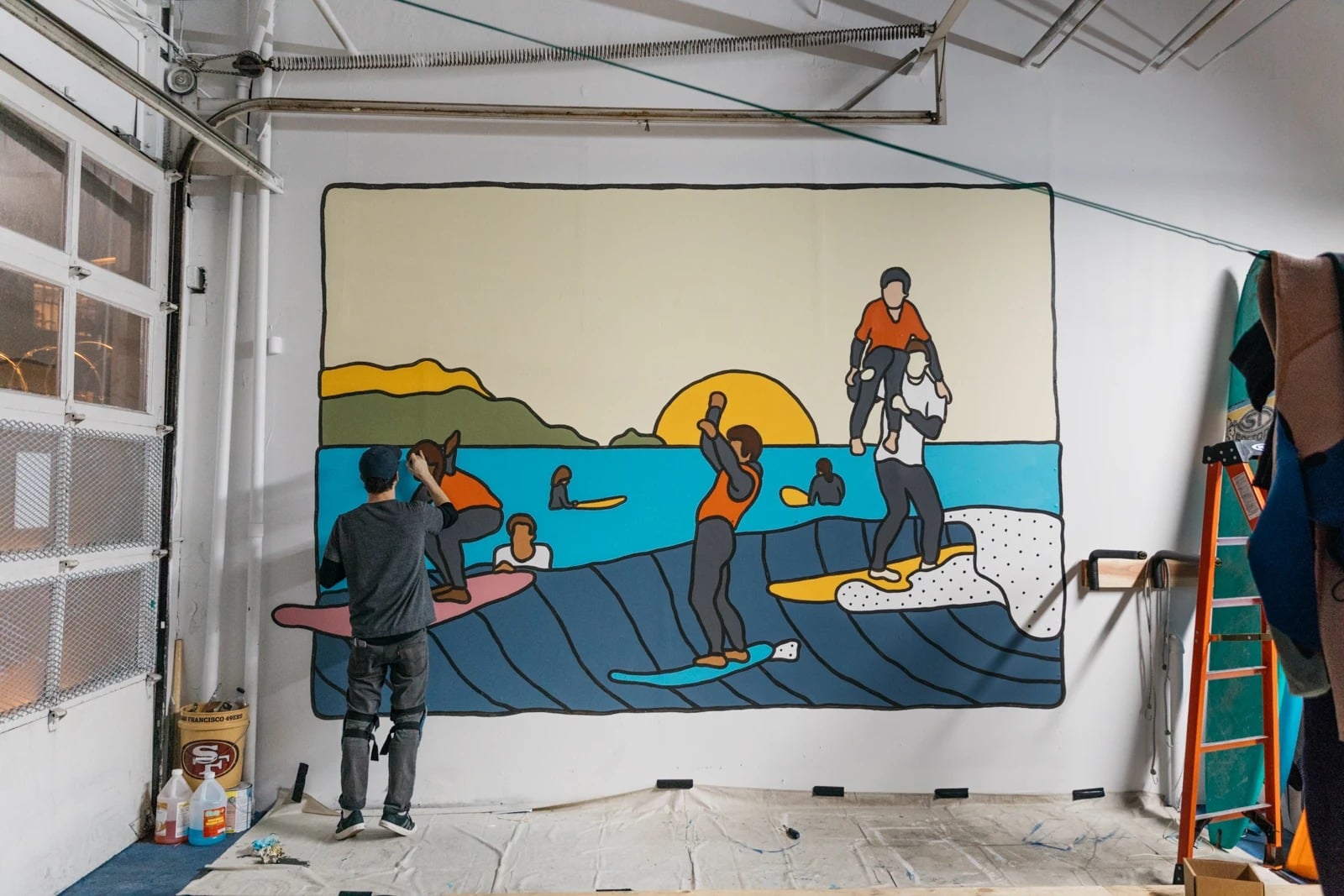 City Surf Project Mural 10x15 ft, 2019 — San Francisco, CA — surf art, surf lifestyle art, ocean wall art, mural art, large scale painting by Alimo, post-pop surf artist Brooklyn NY — image 1 of 3