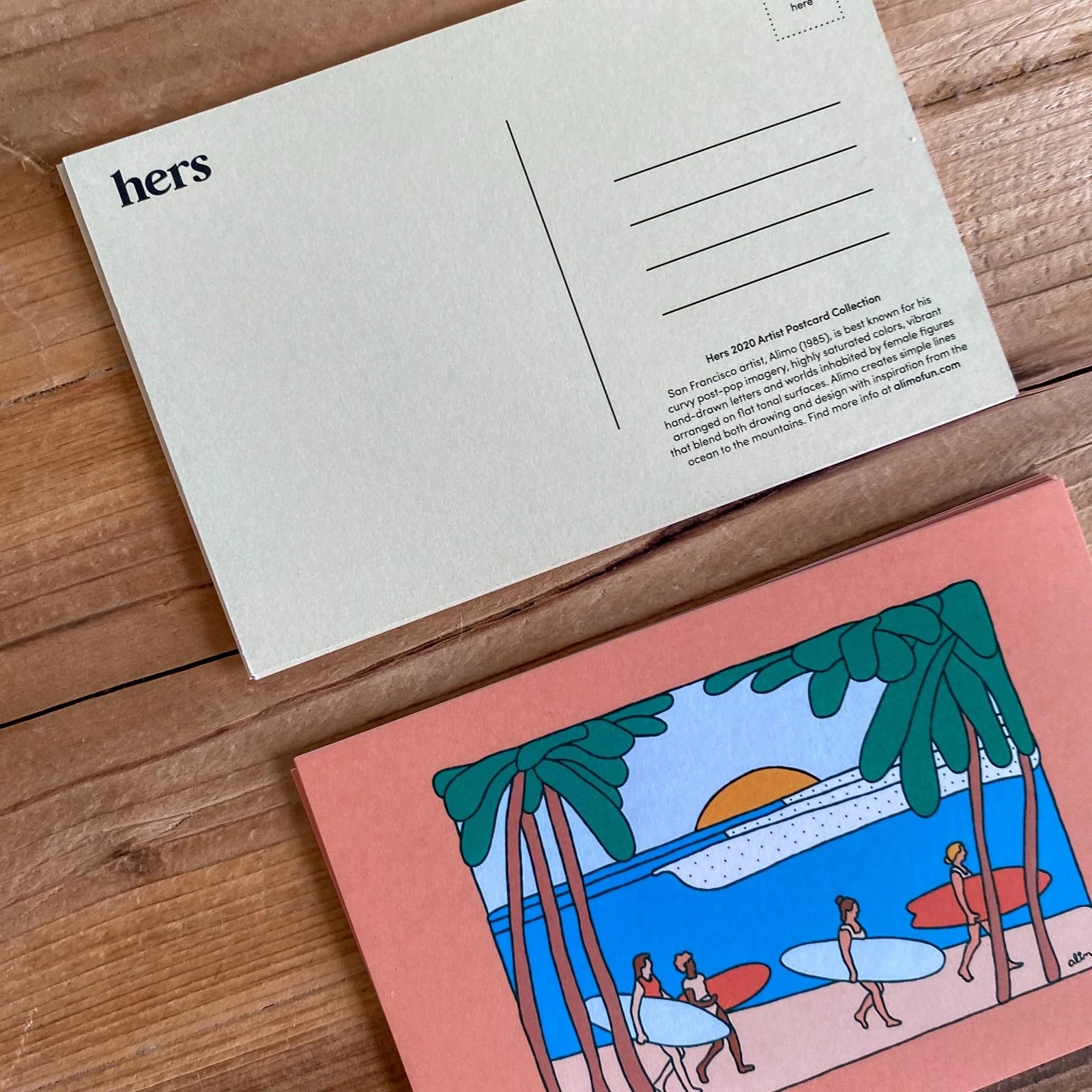 Alimo x Hers, 2020 — Artist Postcard Collection — surf lifestyle brand art, art collaboration by Alimo, post-pop surf artist Brooklyn NY — image 1 of 3