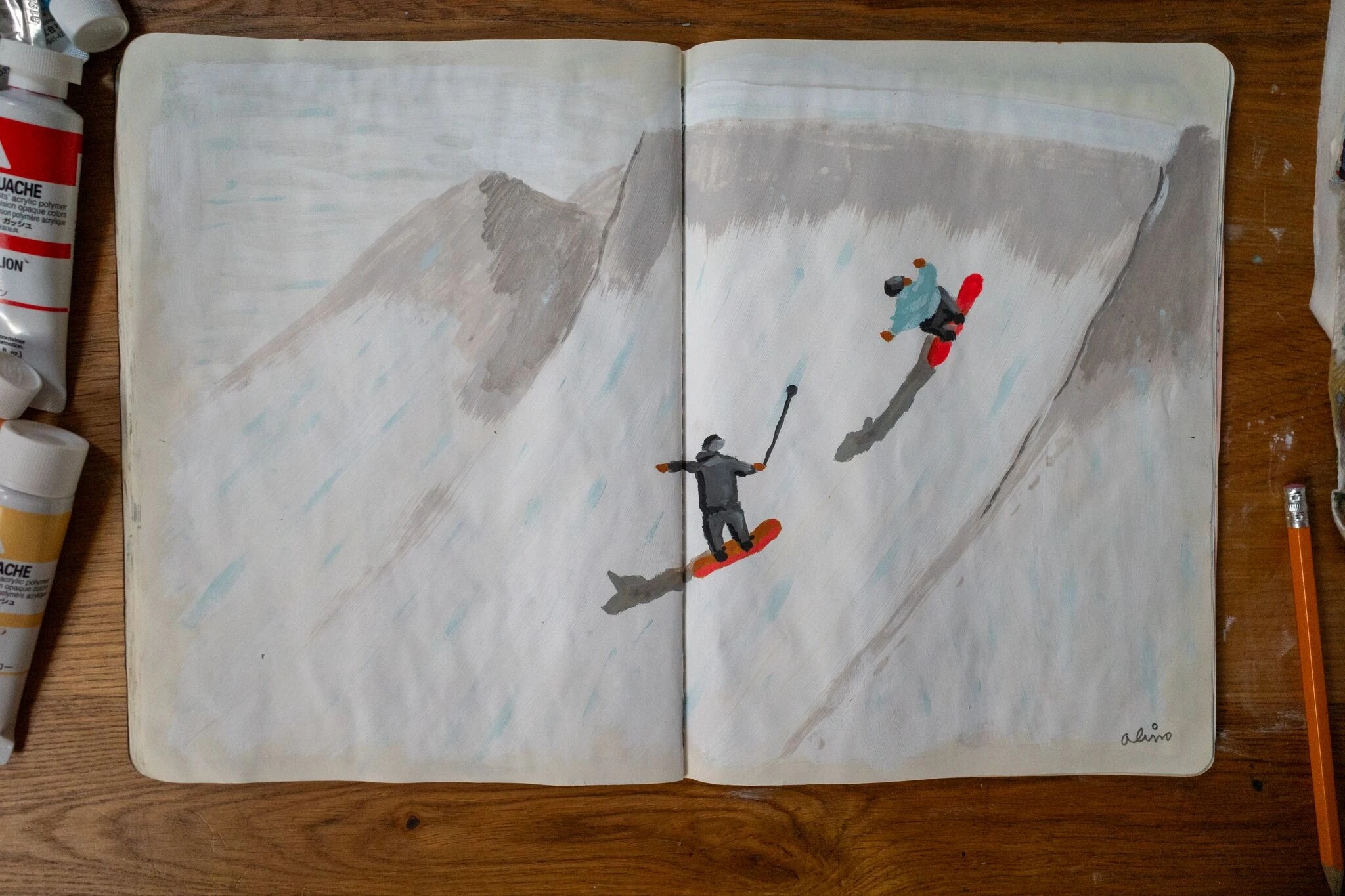 Alimo x Swatch Nines, 2025 — Visual diary — Schilthorn, Switzerland — snowboard art, snowboard wall art, mountain lifestyle art, surf lifestyle brand art, art collaboration by Alimo, post-pop surf artist Brooklyn NY — image 10 of 33