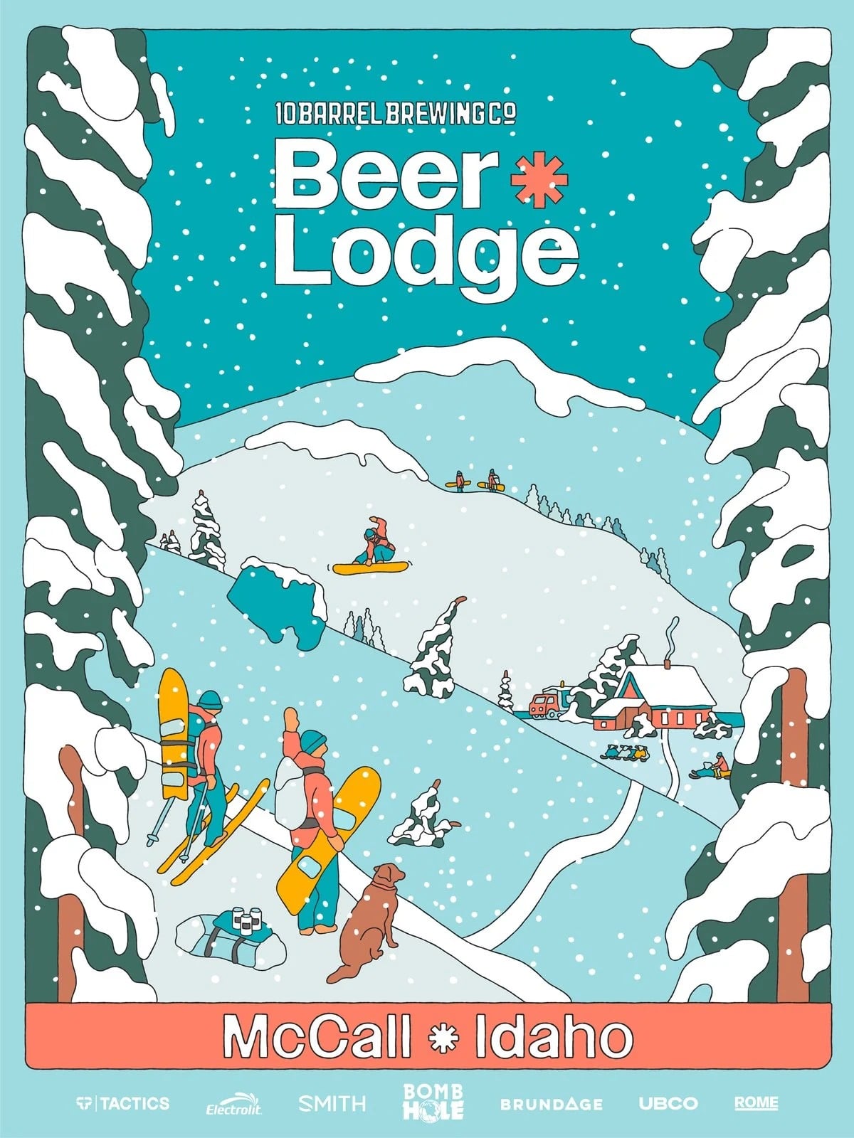 Alimo x 10 Barrel Brewing Co, 2024 — Beer Lodge Poster & Branding — surf art, surf lifestyle art, ocean wall art, surf lifestyle brand art, art collaboration by Alimo, post-pop surf artist Brooklyn NY