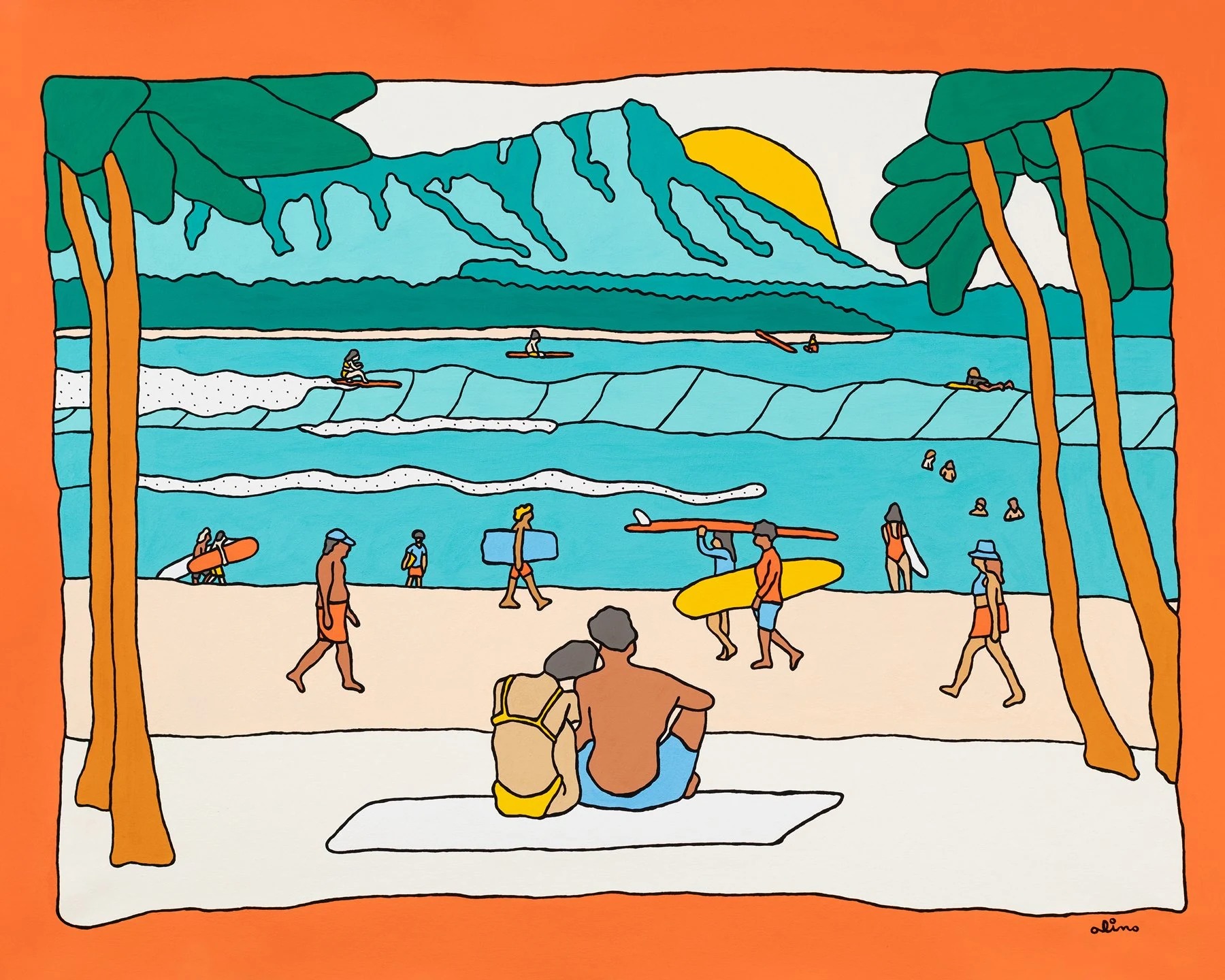 Offline Today, 2025 — acrylic gouache, 32x44" in. — Greenroom Gallery, Hawaii — Hawaii surf art, aloha art, North Shore Hawaii art, tropical wall art by Alimo, post-pop surf artist Brooklyn NY