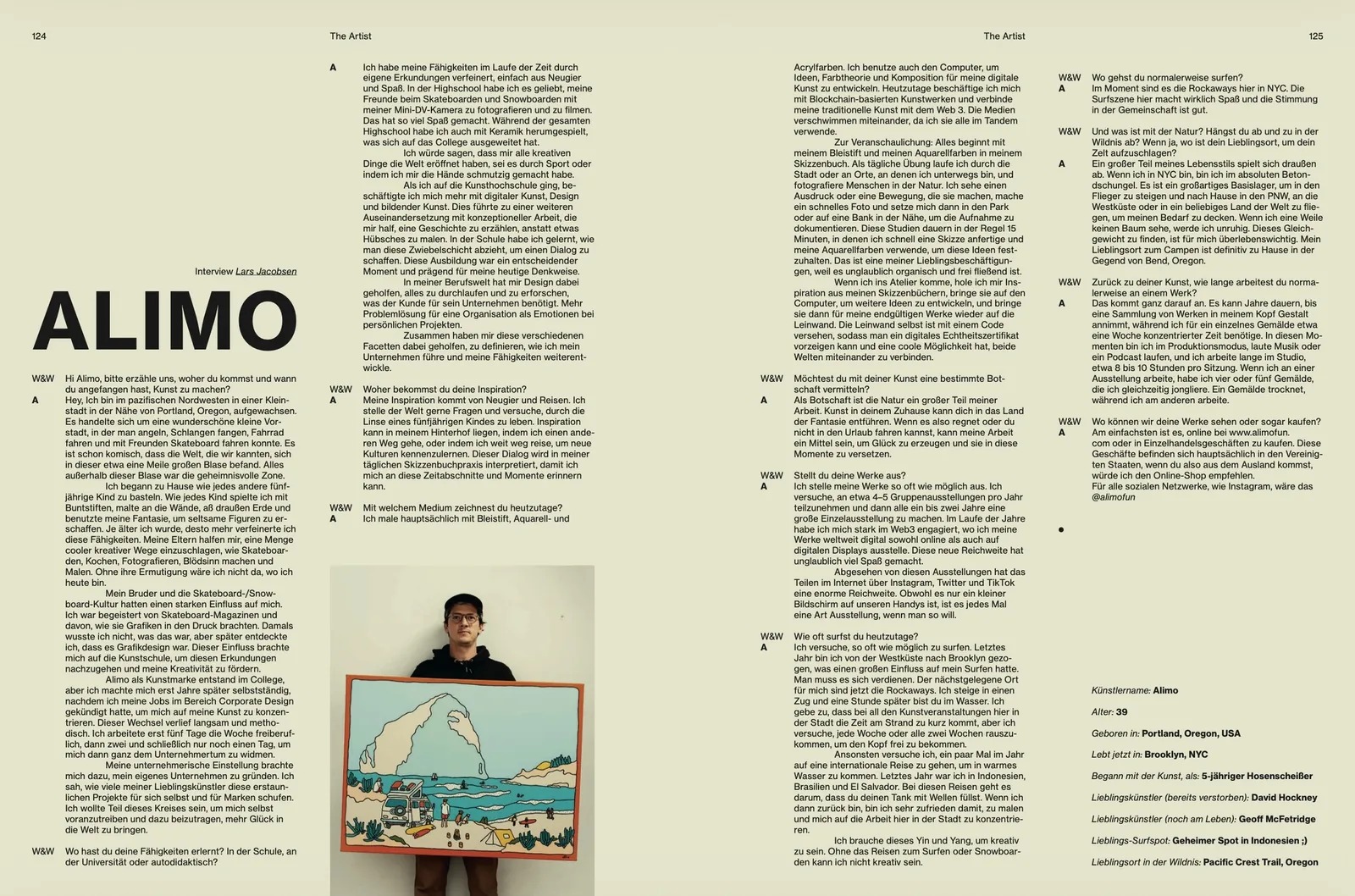 Waves and Woods Magazine, 2025 — Selected interview spread — surf art, surf lifestyle art, ocean wall art by Alimo, post-pop surf artist Brooklyn NY — image 3 of 3